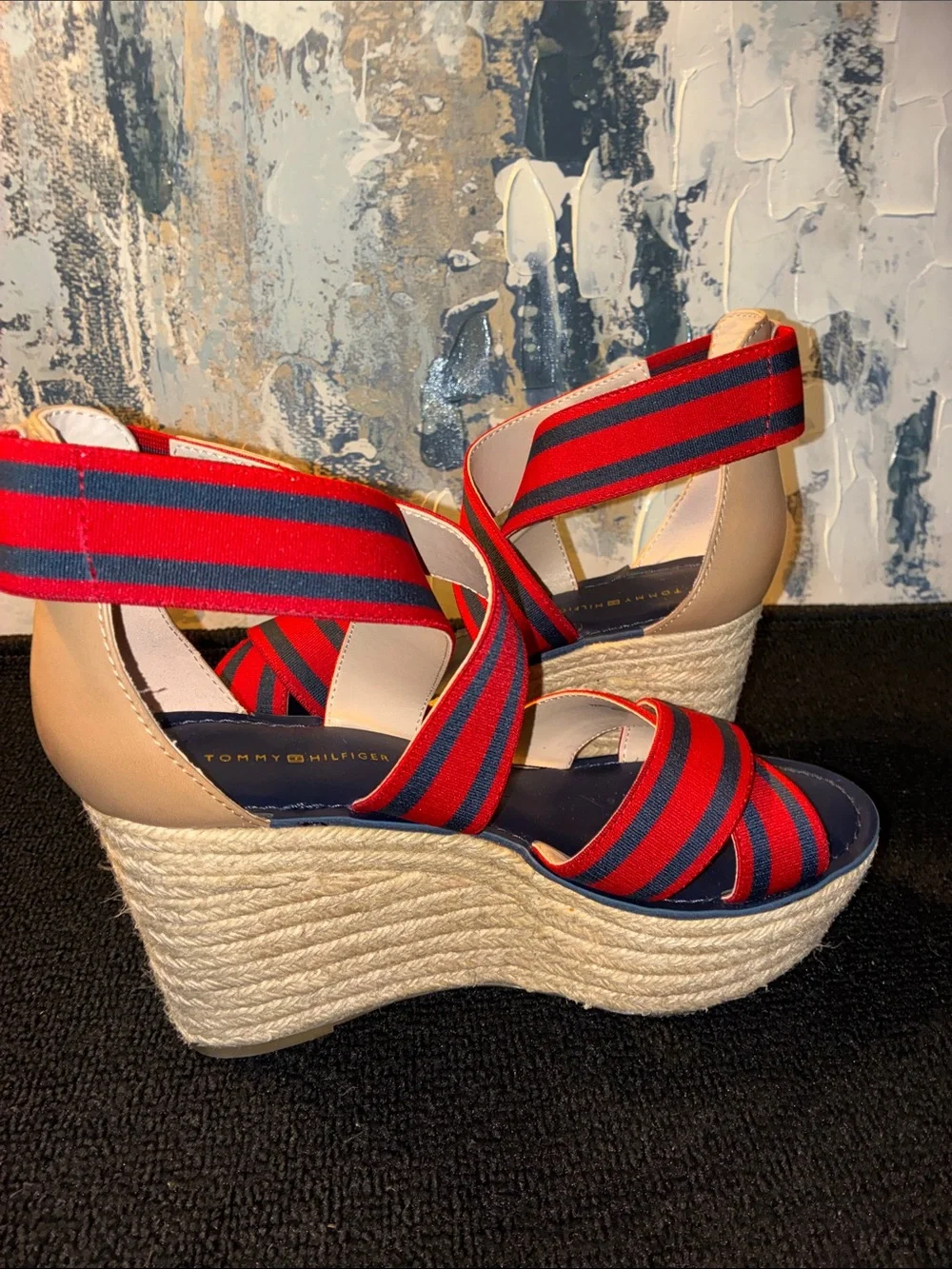 NWT Tommy Hilfiger Red & Navy Striped Espadrille Wedge Sandals Size 7.5
